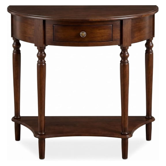 Half Moon Console Table, Solid Wood Entryway with Drawer (Walnut, 23.6")