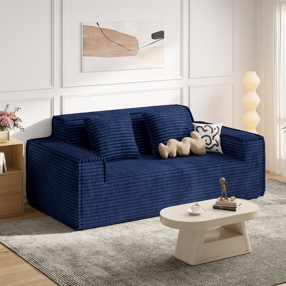 Corduroy Sofa for Living Room, Navy Blue 2-3 Seater in a Box with Wide Armrests and Removable Pillows, No Assembly Required 1400 lbs