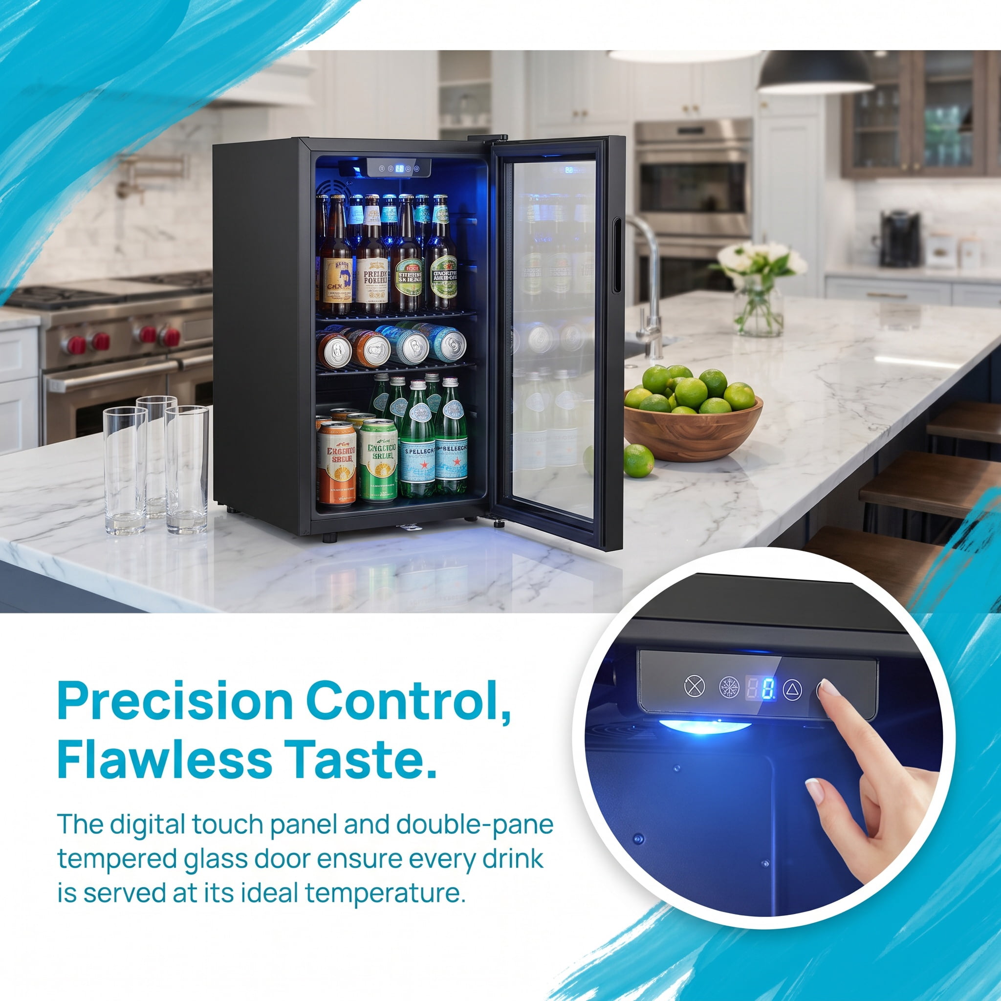 3.2 Cu.Ft Mini Beverage Refrigerator, 130 Can Glass Door Cooler for Drinks, Soda, Beer & Wine, Compact Fridge for Bedroom, Office, Home Bar, Black