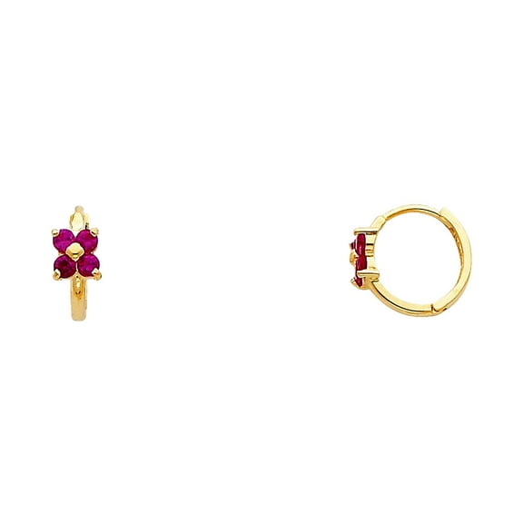 14k Yellow Gold Red Flower Hugging Earrings 10x10mm Stud Earring for Women - .9 Grams