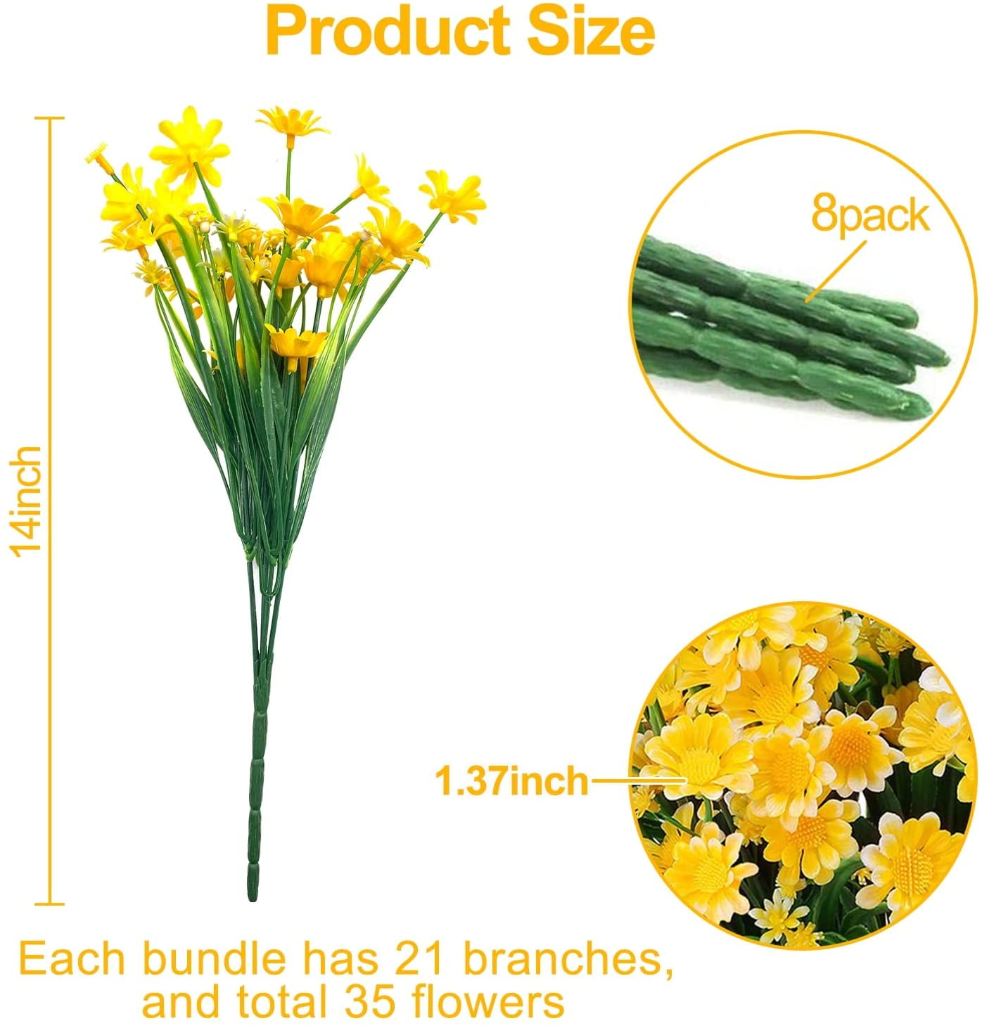 8 Bundles Daisy (376 Head) Artificial Flowers Outdoor Summer Decor UV Resistant Fake Flowers Faux Plastic Greenery Shrub Plant for Indoor Garden Home Porch Box Spring Décor(Yellow)