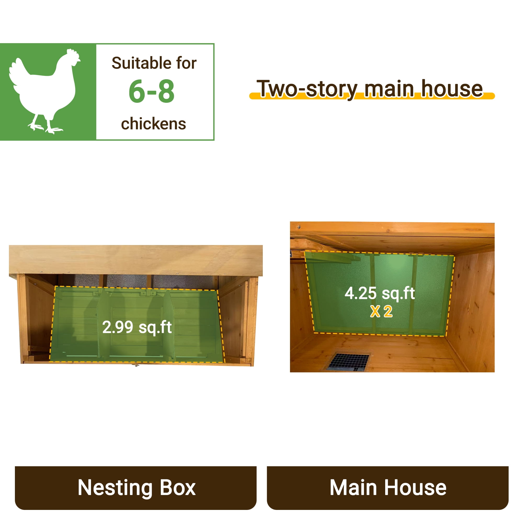 Chicken Coop, Double-House Wooden Chicken Coop For 6-8 Chickens With 3 Nesting Boxes And 2 Pull-Out Trays, Featuring A Foldable Ramp And Flip-Up Asphalt Roof
