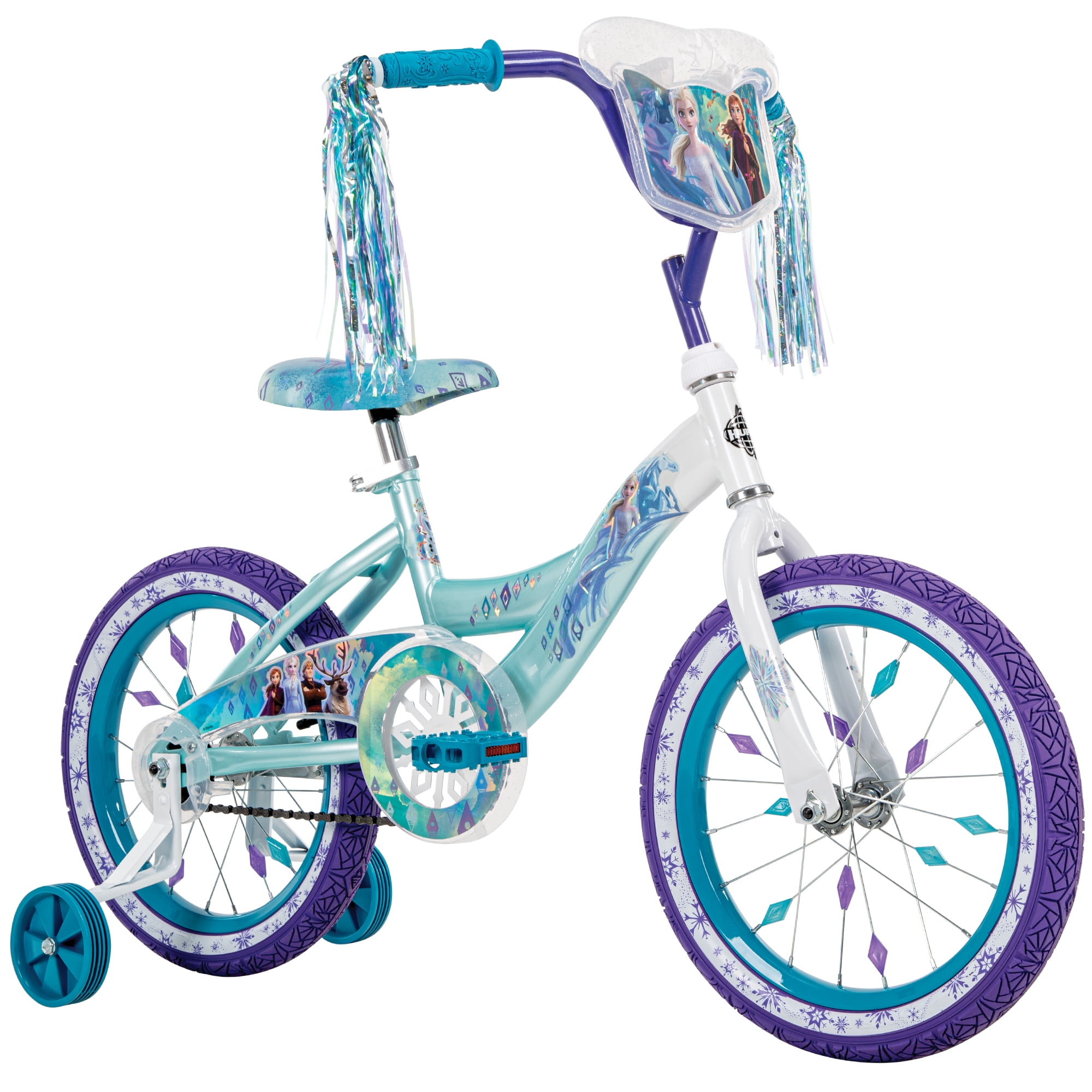 Huffy 16-inch Disney Frozen Bike for Girls with Training Wheels, Sparkly White/Crystal Blue, 4-6 years old