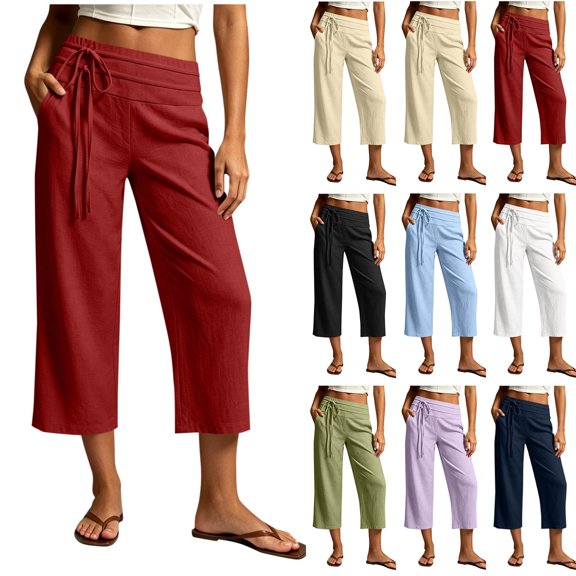 ShomPort Womens Linen Capris Dressy Wide Leg Bowtie Elastic Mid Waist Casual Pockets Cropped Pants