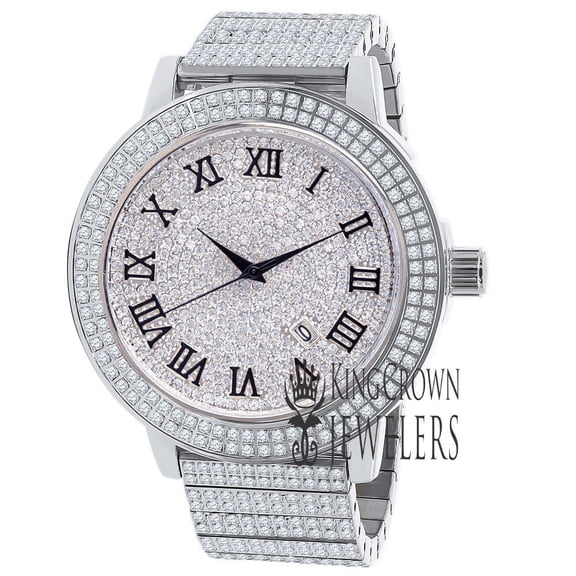 Roman Numeral Dial Full Stainless Steel 18K White Gold Finish Simulated Diamond Mens Watch W/Date