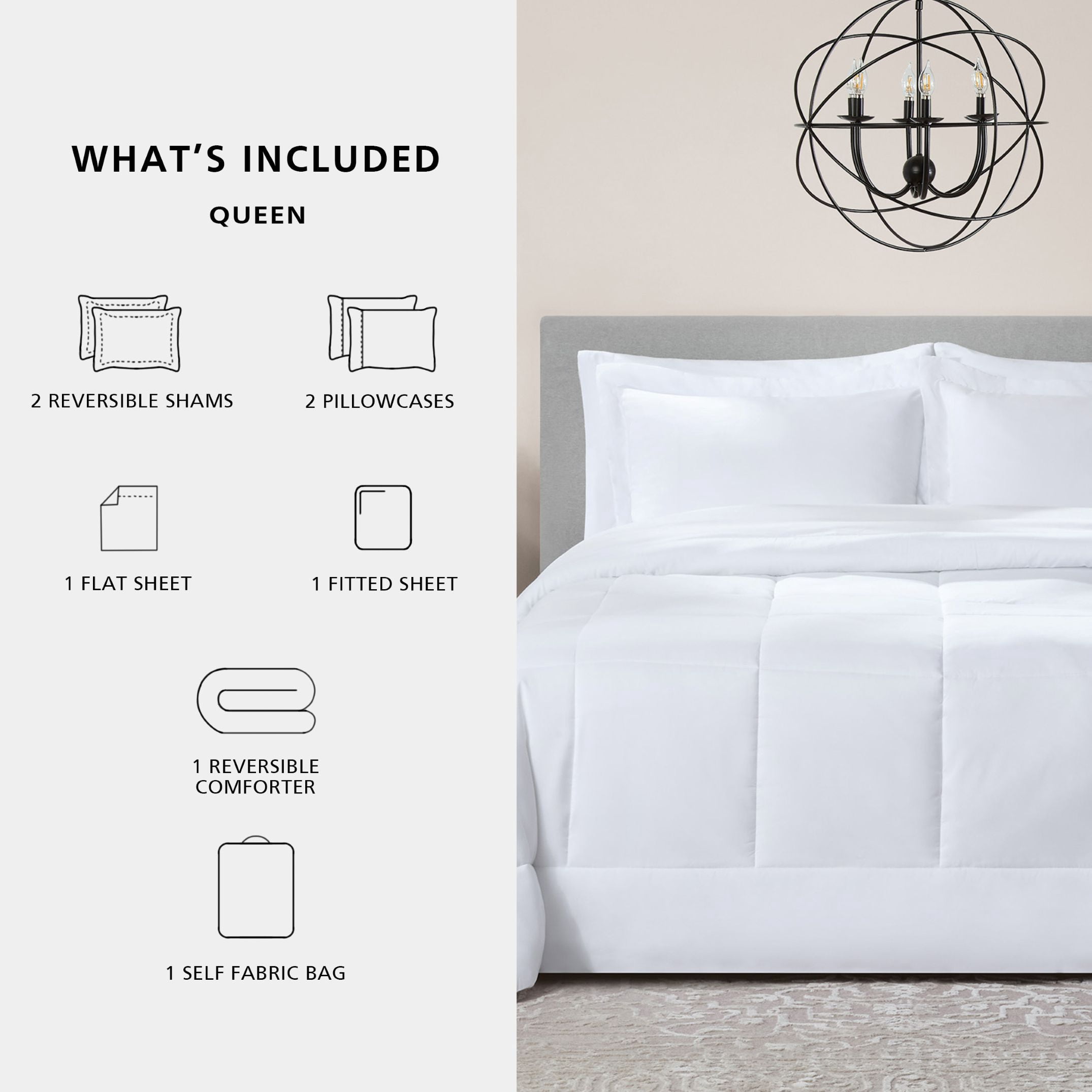 Mainstays Reversible Bed-in-a-Bag Set, 7 Pieces, Queen, White