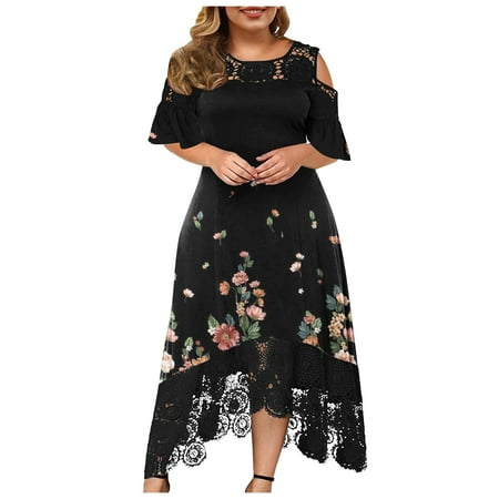 

Wedding Guest Dresses for Women Sexy Lace Cold Shoulder Short Sleeve Crewneck Long Dress Plus Size High Low Dress