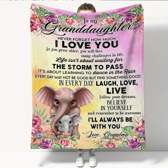 Elephant Printed Flannel Blanket, To My Granddaughter From Grandma Envelope Blanket, Warm Cozy Soft Throw Blanket Nap Blanket For Couch Bed Sofa Camping Travel, Best Gift Blanket For Granddaughter