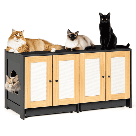 CATLK Cat Litter Box Enclosure for 2 Cats, Large Hidden Litter Box Furniture with Rattan Doors, Wooden Enclosure for Self-Cleaning Litter Boxes, Black