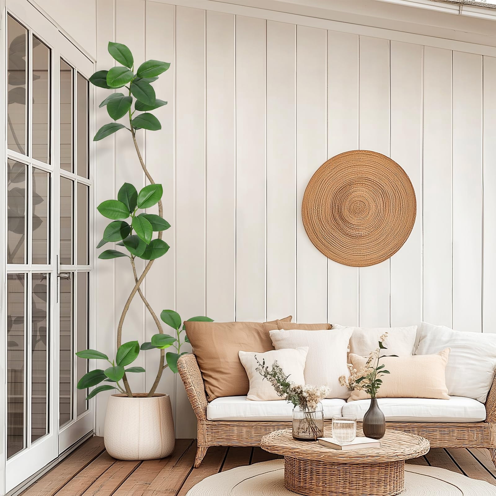 5FT Artificial Plant Rubber Tree with White Sphere Resin Planter & Stone,Faux Plants Indoor Faux Floor Plant Faux Fiddle Leaf Fig Tree Indoor Artificial Tree Tall Plant Fake Tree for Home Decor