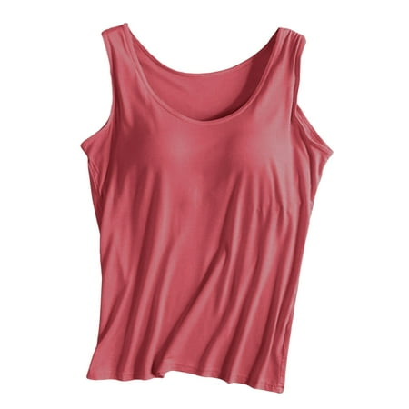 MIASHUI Women Solid Color Tank Top with Bra Wide Strap Yoga Sports Vest Watermelon Red M