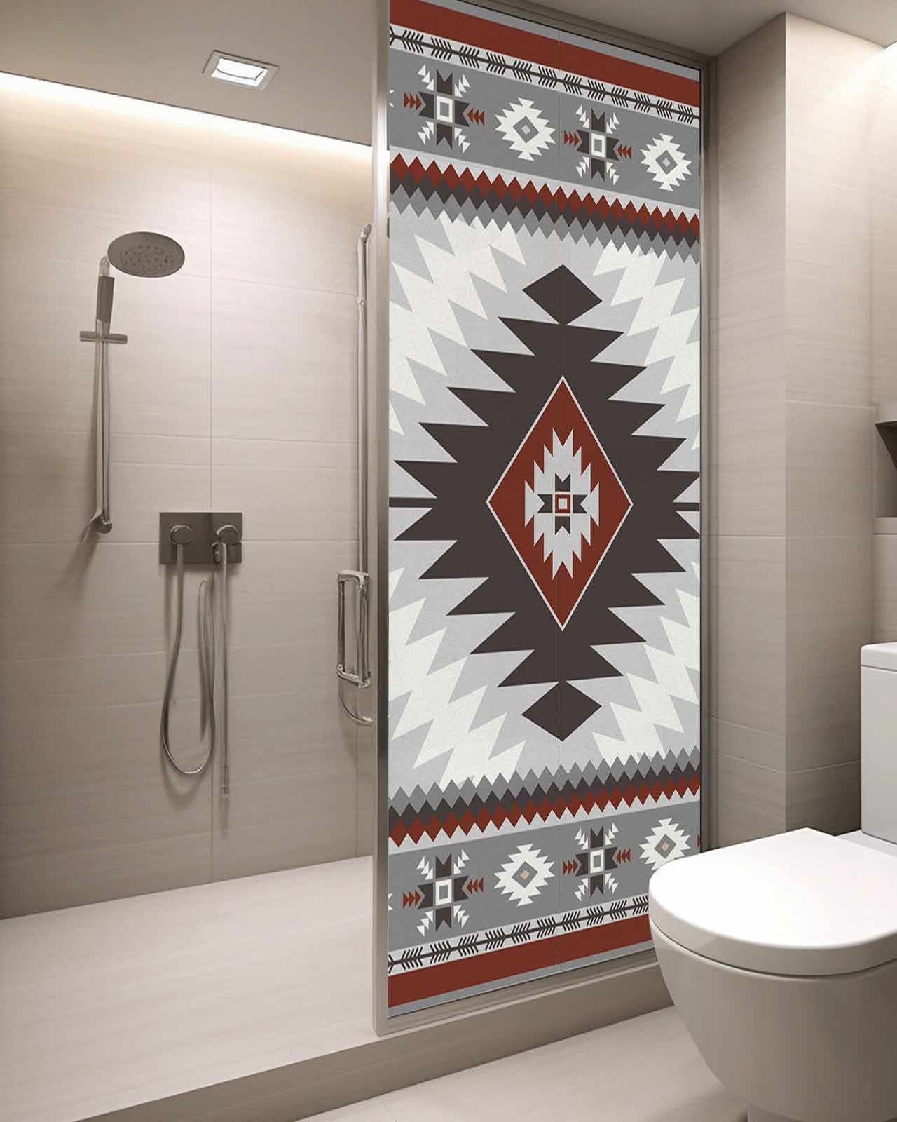 Window Privacy Film Gray Red Boho Stained Glass Window Film Decorative Sun Block Window Cover Southwestern Ethnic Abstract Geometric Window Clings Static Adhesive Sticker for Bathroom 29.5"x78.7"