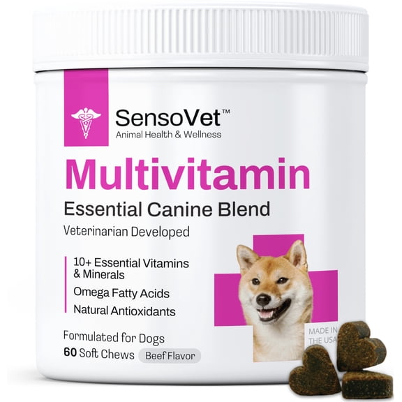 SensoVet Multivitamins Essential Canine Blend - 10 in 1 Formula - Omega Fats & Antioxidants - Supports Immune Health - Calcium & Vitamin B12 - Soft Chew Supplement for Dogs