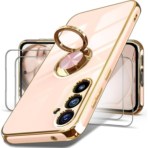 for Samsung Galaxy S23 FE 5G Case, 2X Tempered Glass Screen Protector, 360° Rotatable Ring Holder Magnetic Kickstand,Plated Gold Edge Slim Soft TPU Protective Phone Case Cover (Pink