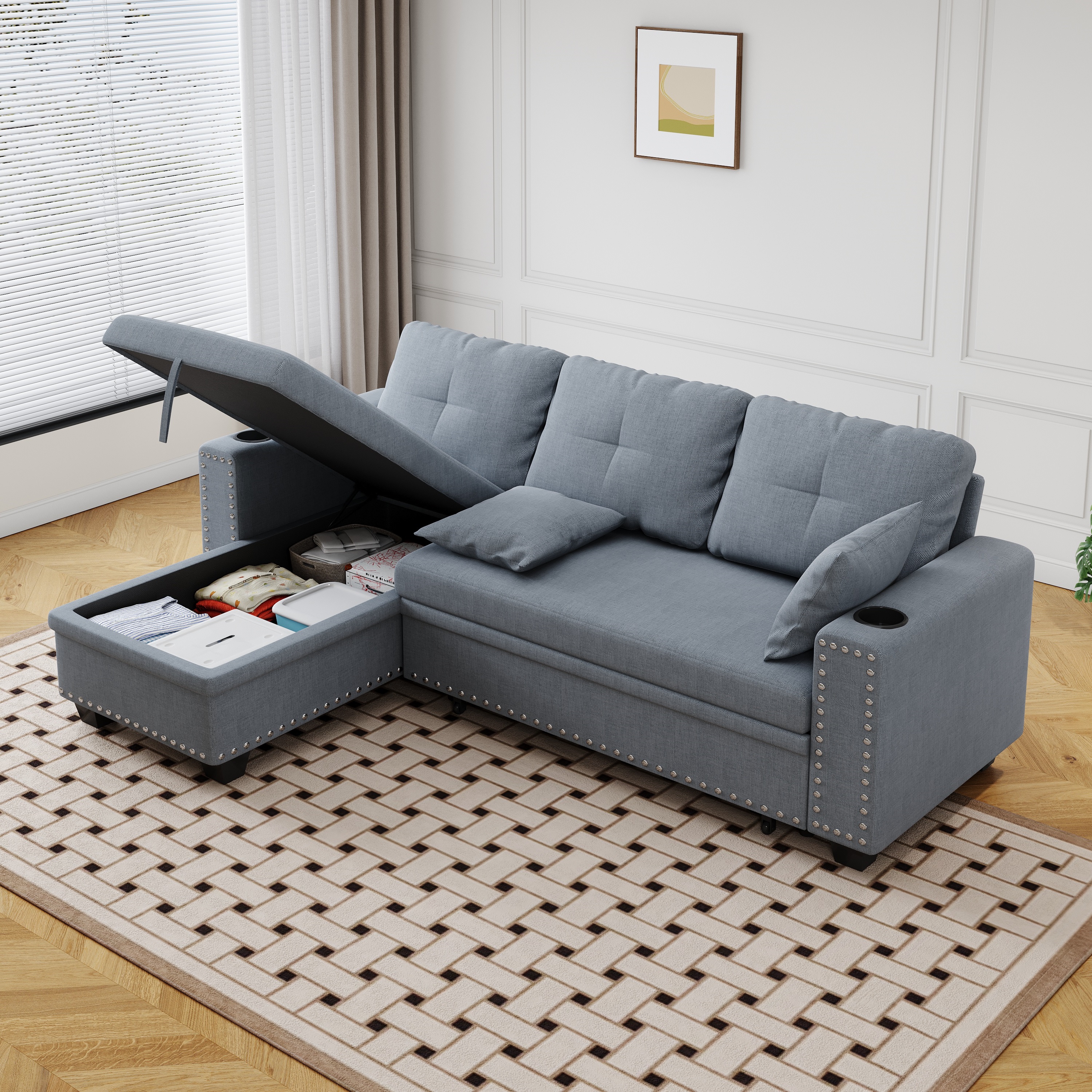 Leumius L-Shape Sleeper Sofa Bed,Modern Large Full Size Pull Out Sectional Couch with Storage, Futon Sofa Bed Sectional Sofa for Living Room,Apartment, Bedroom,Office,Dark Grey