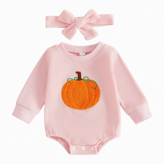 mgoYE Halloween Baby Girl Clothes Pumpkin Print Sweatshirt Romper Infant Long Sleeve One Piece Romper Fall Outfits with Headband