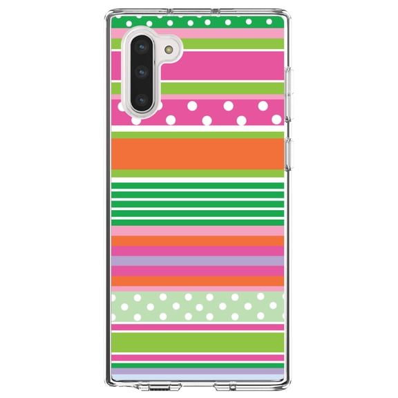 DistinctInk Clear Shockproof Hybrid Case for Samsung Galaxy Note 10 (6.3" Screen) - TPU Bumper, Acrylic Back, Tempered Glass Screen Protector - Green Pink White Stripes Polka Dots
