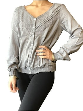 Mogul Women Gray Top Blouse lace Work Button Front Long Sleeve With Elastic Cuff Blouse Summer 70s Vintage Style S/M