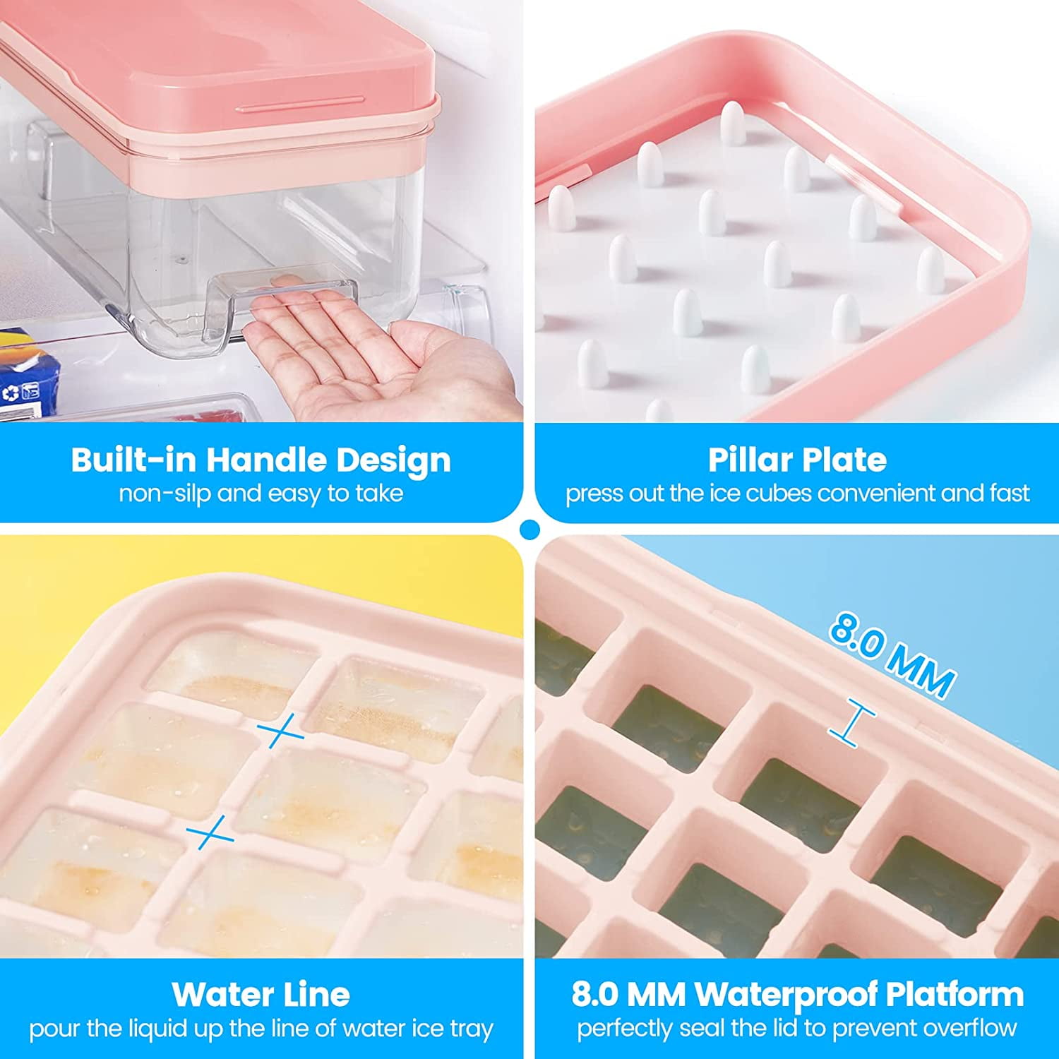 Ice Cube Tray with Lid and Bin, 3 Pack Plastic Ice Cube Tray Molds, 96(4 * 8 * 3) pcs Ice Trays for freezer, Chilling Drinks, Whiskey & Cocktails, with Ice Container and Ice Scoop, BPA-Free
