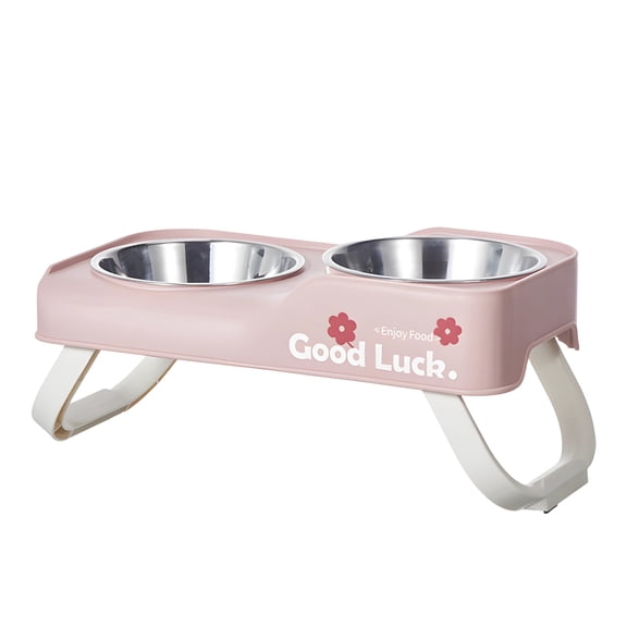 Pink Elevated Cat Bowls, Stainless Steel Tilted Dog Bowls for Whisker Relief, Adjustable 3 Heights, Foldable Raised Double Feeder, 13.2 x 4.9 x 5.7 in / 33.5 x 12.5 x 14.5 cm for Small Cats and Dogs