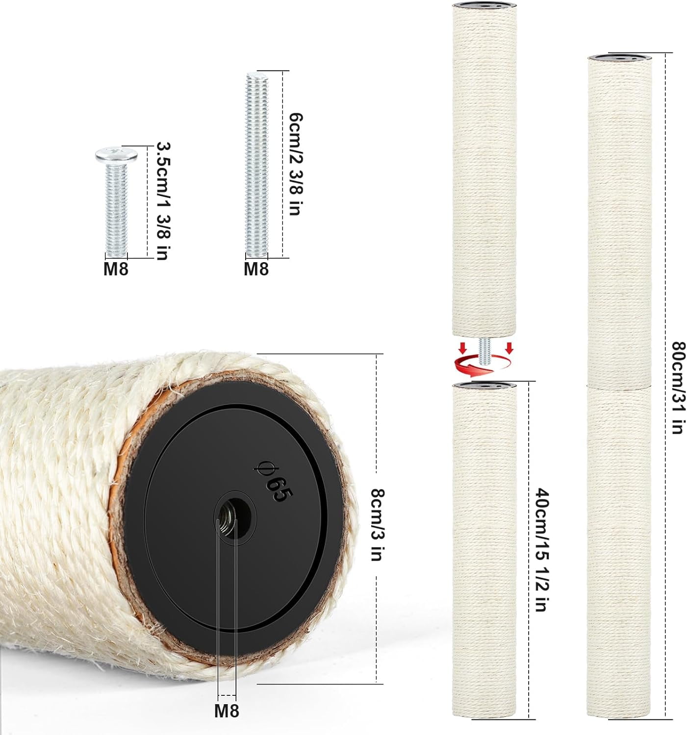 Cat Scratching Post Replacement, 4 Pack 15.7in Sisal Pole Cat Tree Replacement Post with Screws, Scratcher for Indoor Kitten Tree Tower Spare Repair & Rebuild, Christmas Cat Gift