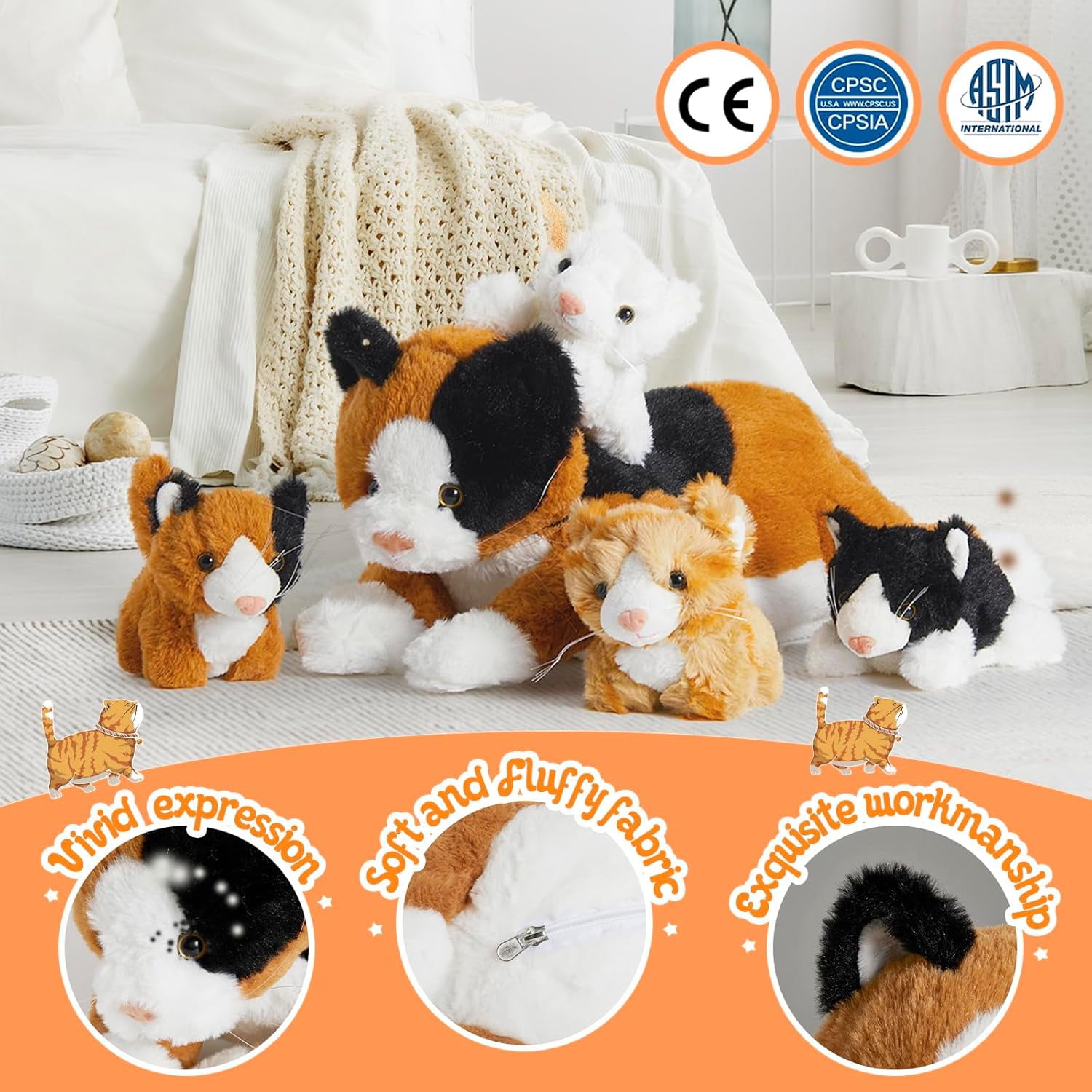 Houwsbaby 5-Piece Cat Plush Toy Set - Mommy Cat with 4 Kittens, Kitty Surprise, Parent-Child Stuffed Animals for Kids, 17''