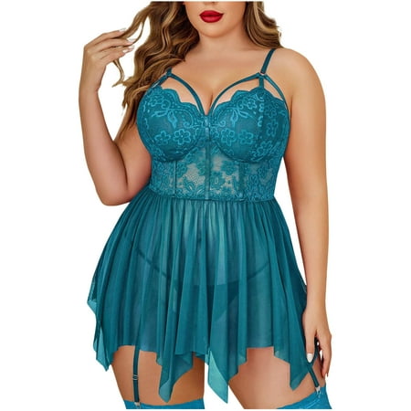 DISKEBUISS Women Lingerie Floral Lace Plus Size Sexy Solid Color Sheer Nightgown