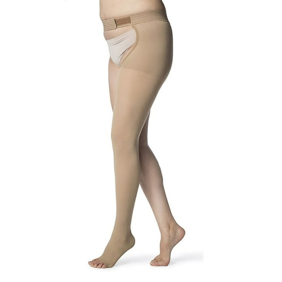 Sigvaris Essential 863 Opaque 30-40 Open Toe Left Thigh High Compression Stocking w/Waist Attachment Crispa SL Long