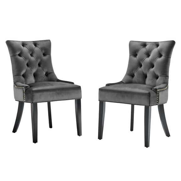 Tufted Side Dining Chair, Set of 2, Velvet, Wood, Dark Grey Gray, Modern Contemporary Urban Design, Kitchen Room Cafe Bistro Restaurant Hospitality