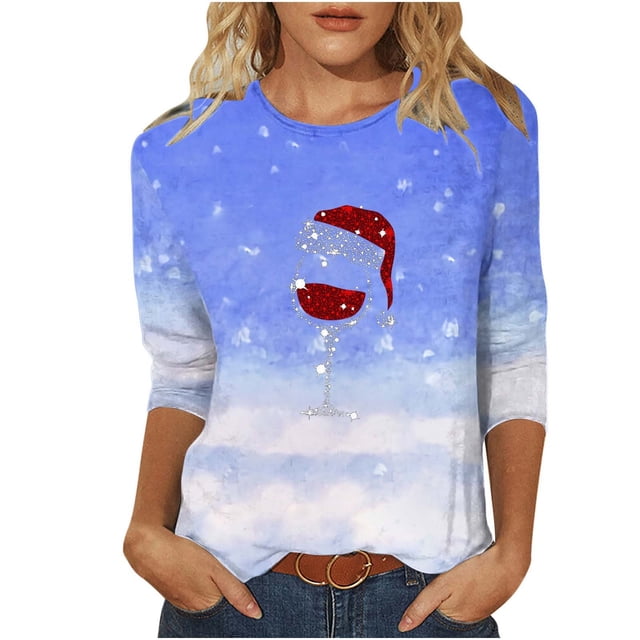 Besolor Chemises de Noël 3/4 pour Femmes Imprimées Col Rond Tuniques Décontractées Grande Taille Blouses de Vacances