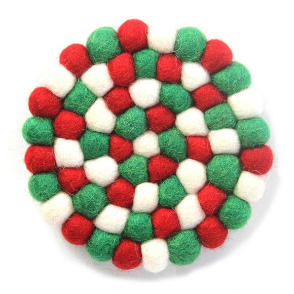Hand Crafted Felt Ball Coasters 4-pack, White Christmas Multicolor