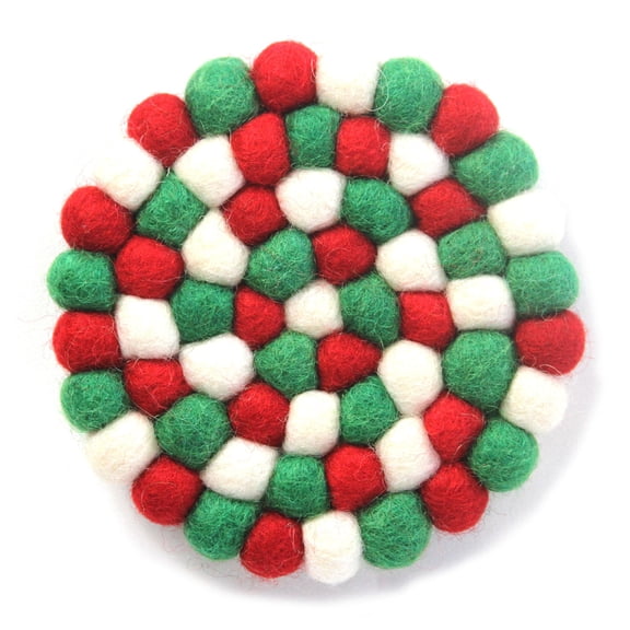Hand Crafted Felt Ball Coasters 4-pack, White Christmas Multicolor