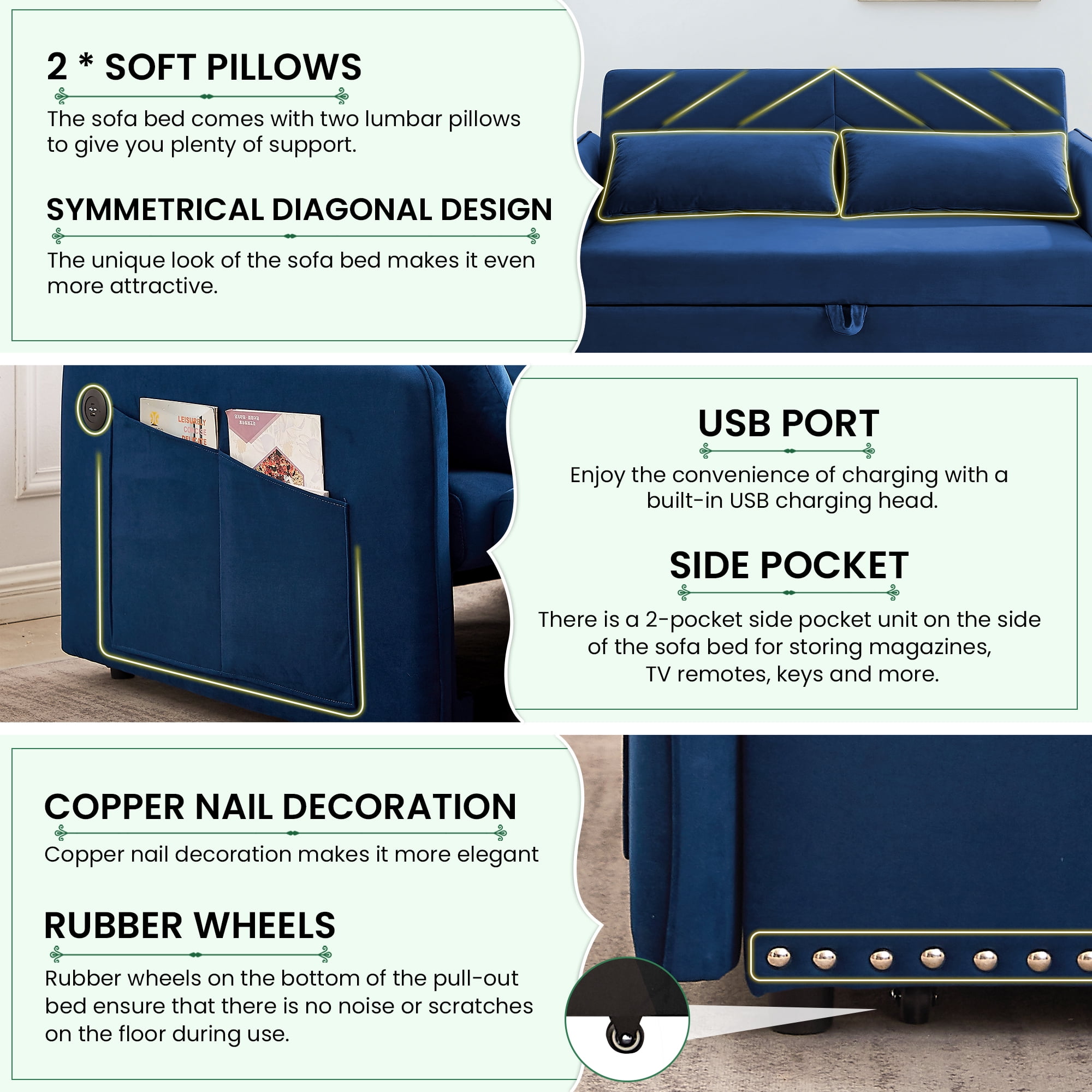 Dinosisco Convertible Sleeper Loveseat with USB, 55" Velvet Futon Sofa Bed, Blue