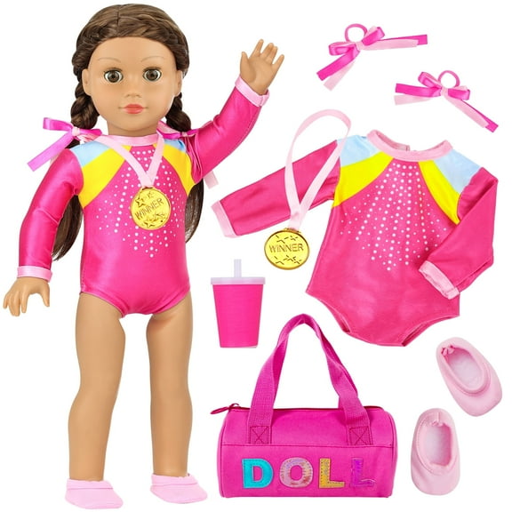 ZITA ELEMENT 18 Inch Doll Gymnastics Clothes Set - Pink Leotard, Shoes, Gym Bag, Olympic Medal, Water Bottle & Hair Accessories for 18" Dolls  (No Doll)