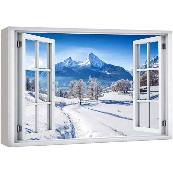 wall26 Canvas Print Wall Art Window View Blue Mountain Range Winter Forest Path Wilderness Nature Photography Realism Scenic Landscape Colorful Multicolor for Living Room, Bedroom, Office - 32"x