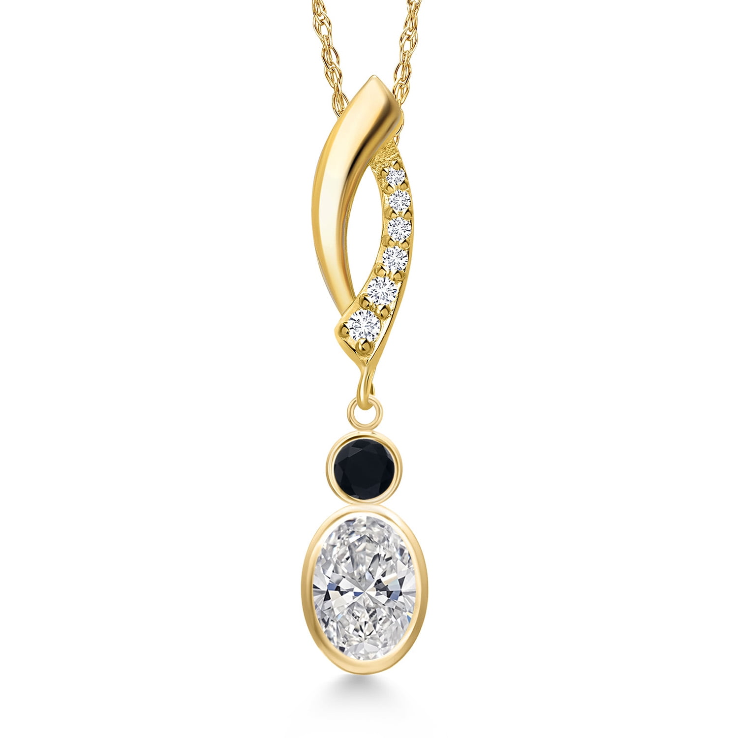 Gem Stone King 14K Yellow Gold DEF Lab Grown Diamond and Black Onyx and Lab Grown Diamond Pendant Necklace for Women | 0.86 Cttw | Gemstone April Birthstone | Oval 7X5MM | With 18 inch Chain