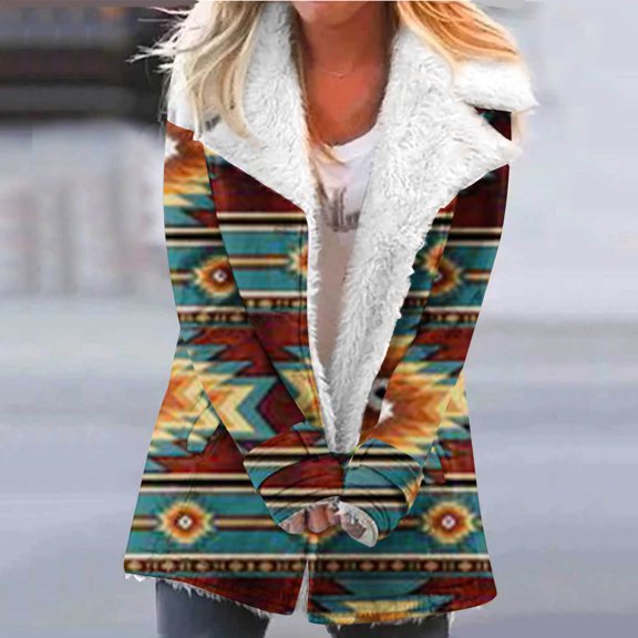 RYDCOT Sherpa Lined Jacket Women Vintage Western Jackets for Women Aztec Plush Button Coat Long Sleeve Winter Coat with Pockets Sale
