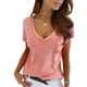 thumbnail image 1 of Camisetas de manga corta de verano de color puro con bolsillo decorativo con botones y cuello en V para mujer, 1 of 5