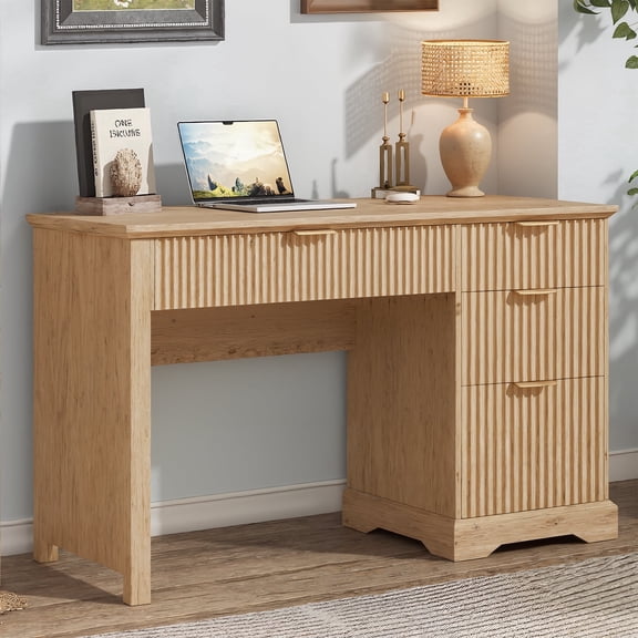 Vabches Fluted Executive Desk with File Drawer, Wood Home Office Desk with Large Drawers, Modern Computer Writing Desk for Study-Oak