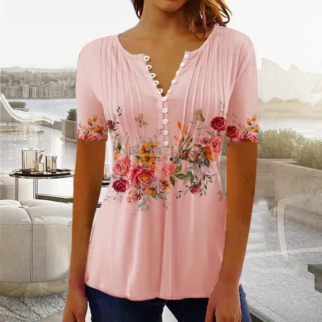 ICHUANYI Clearance Women Fashion Casual Print Round Neck Loose Short Sleeve T-shirt Top Blouse Pullover(Pink, M) ICHUANYI WER2023080711234