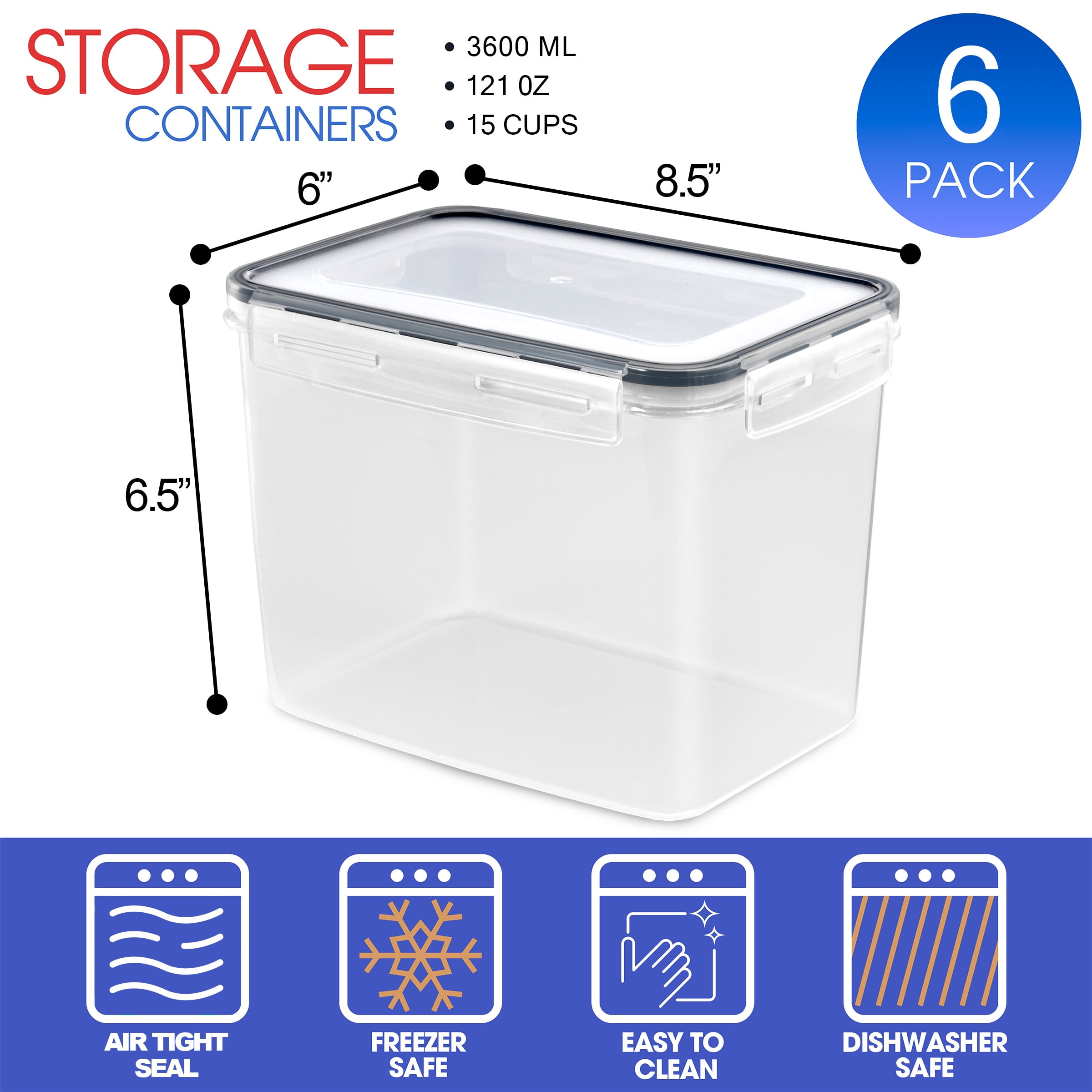 Sorbus 6-Pack Airtight Food Storage Containers – Four-Way Snap Lids for Freshness – Perfect for Cereal, Pasta, Flour, and More (121oz/15 Cups)