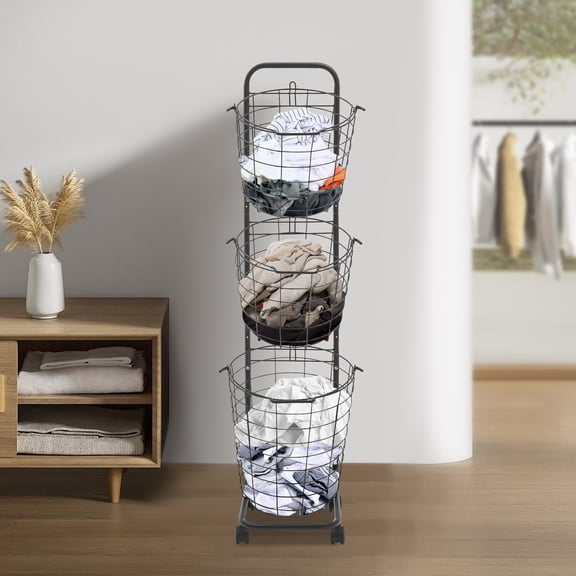 3 Tier Modern Rolling Laundry Hamper with 3 Removable Wire Basket & 4 Universal Wheels Black 10.4*13*48.4