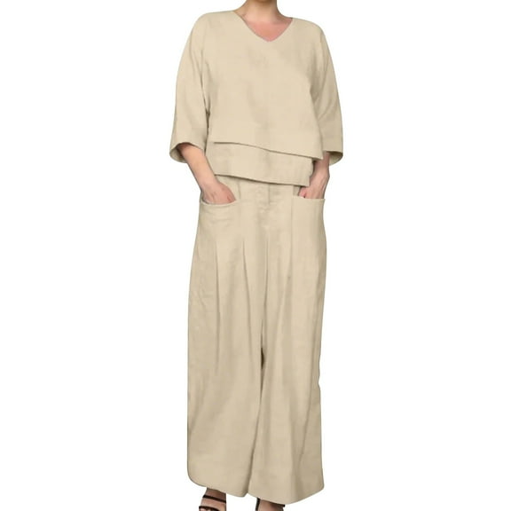 Womens Pant Suit Short Sleeve Casual Solid Irregular Cotton And Linen Shirt And Pats Two Piece Sets for Women