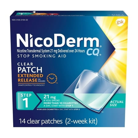 NicoDerm CQ Stop Smoking Aid 21 milligram Clear Nicotine Patches for Quitting Smoking, Step 1, 14