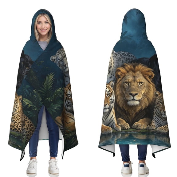 Forest Tiger Lion Leopard Wearable Blanket Hoodies for Women Men Adults Tiger Lion Leopard Lovers Cozy Plush Cool Tigers Lions Leopards Hooded Blankets for Couch Home Decor Birthday Gifts 50×60 Inch