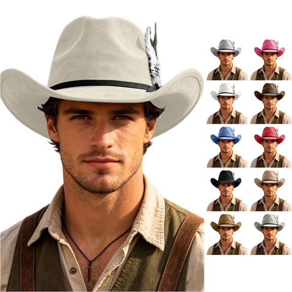 XIAOCHA Mens Feather‑Trim Cowboy Hat Solid Wide‑Brim Hat Rodeo Festival Hat,Beige