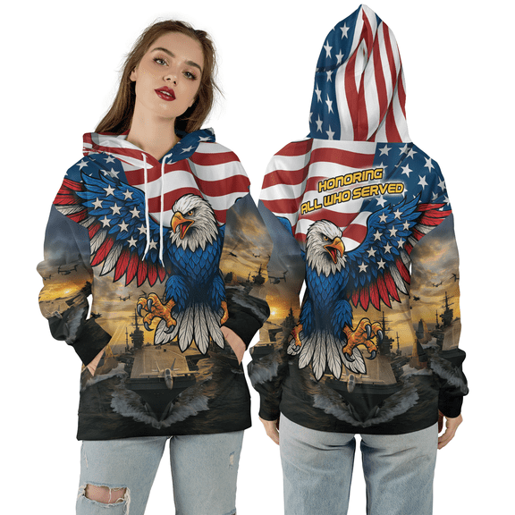 American Eagle US Flag 3D Hoodie, Honoring All Who Served Military Patriotic 3D Hooded Sweatshirt, Eagle Pride USA 3D Print Hoodie