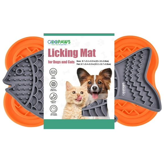 GOOPAWS: Licking Mat 2 Pack - Orange & Grey - Dog & Cat Slow Feeding Textured Pads, Food Grade Silicone, Spread Food & Treats, Pet Soothing Activity