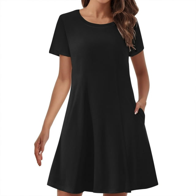 Tumotour Robe d'Été pour Femmes Simple Unie Ample Fluide à Manches Courtes Robe T-Shirt Col Rond Décontractée Mini Robe Soleil avec Poches