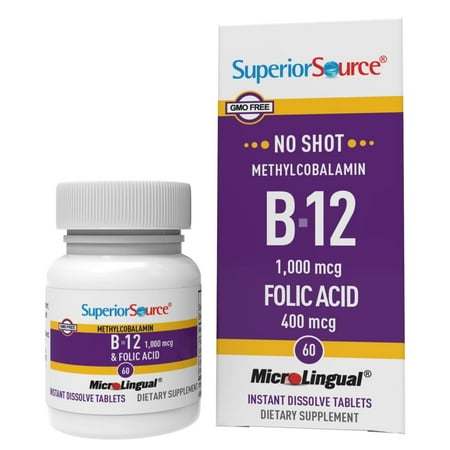 Superior Source No Shot Vitamin B-12 Methylcobalamin 1000 mcg & Folic Acid 400 mcg - Supports Energy, Brain & Heart Health - Offers Stress Support - 60 Sublingual Dissolving Tablets
